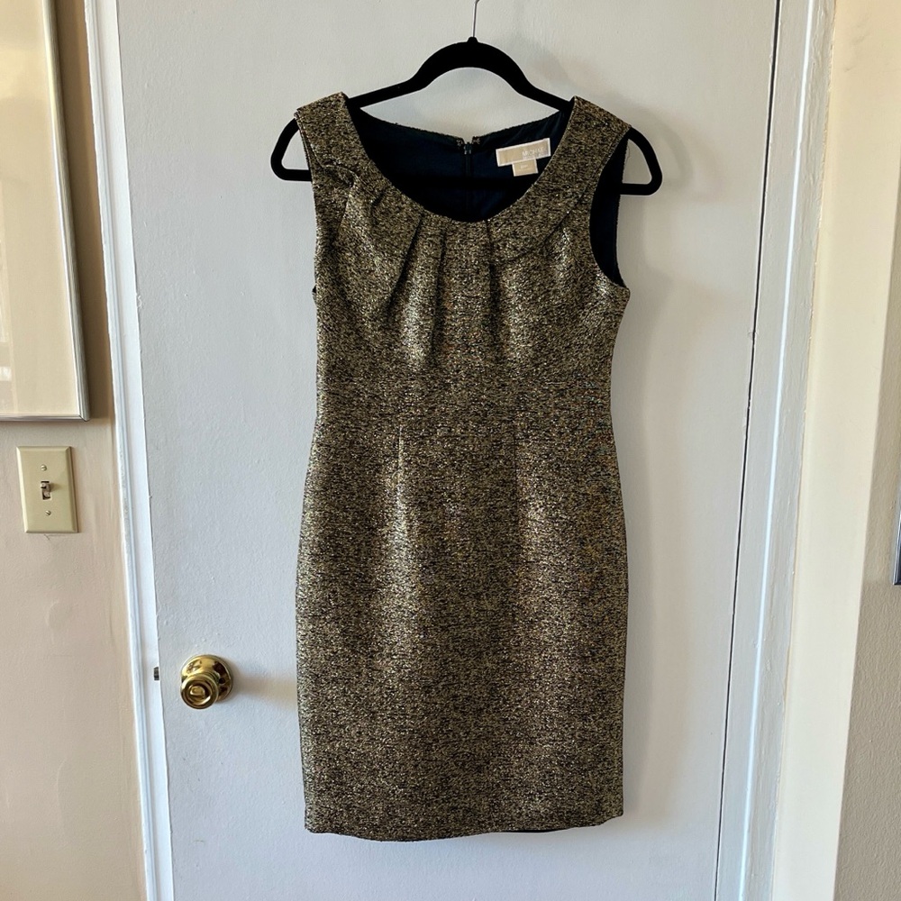 MICHAEL Michael Kors SPARKLY Black & Gold Metallic thread Midi Dress